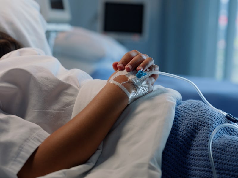 Drip, patient and hand in hospital, medical and help from IV, vitamins and medicine, blood and treat...