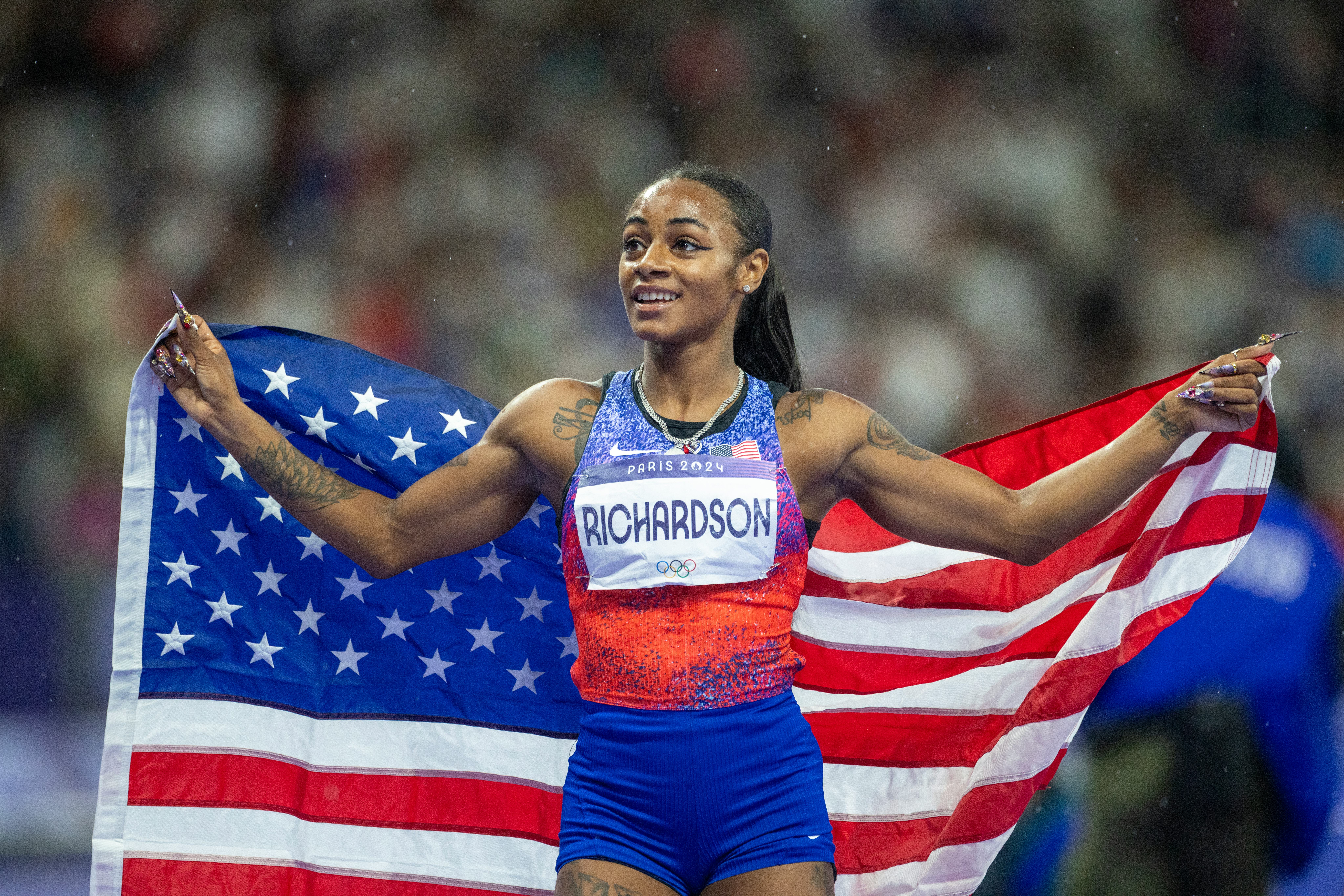 PARIS, FRANCE: AUGUST 03:  Sha&rsquo;carri Richardson of the United States celebrates her silver medal win&hellip;