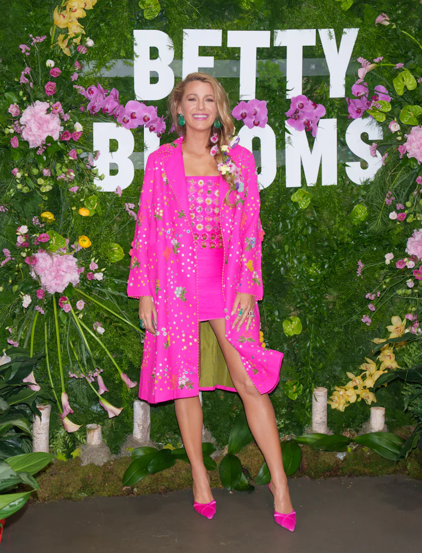 blake lively pink dress it ends with us Blake Lively Wears Pink Versace Minidress at 'It Ends with Us' Party