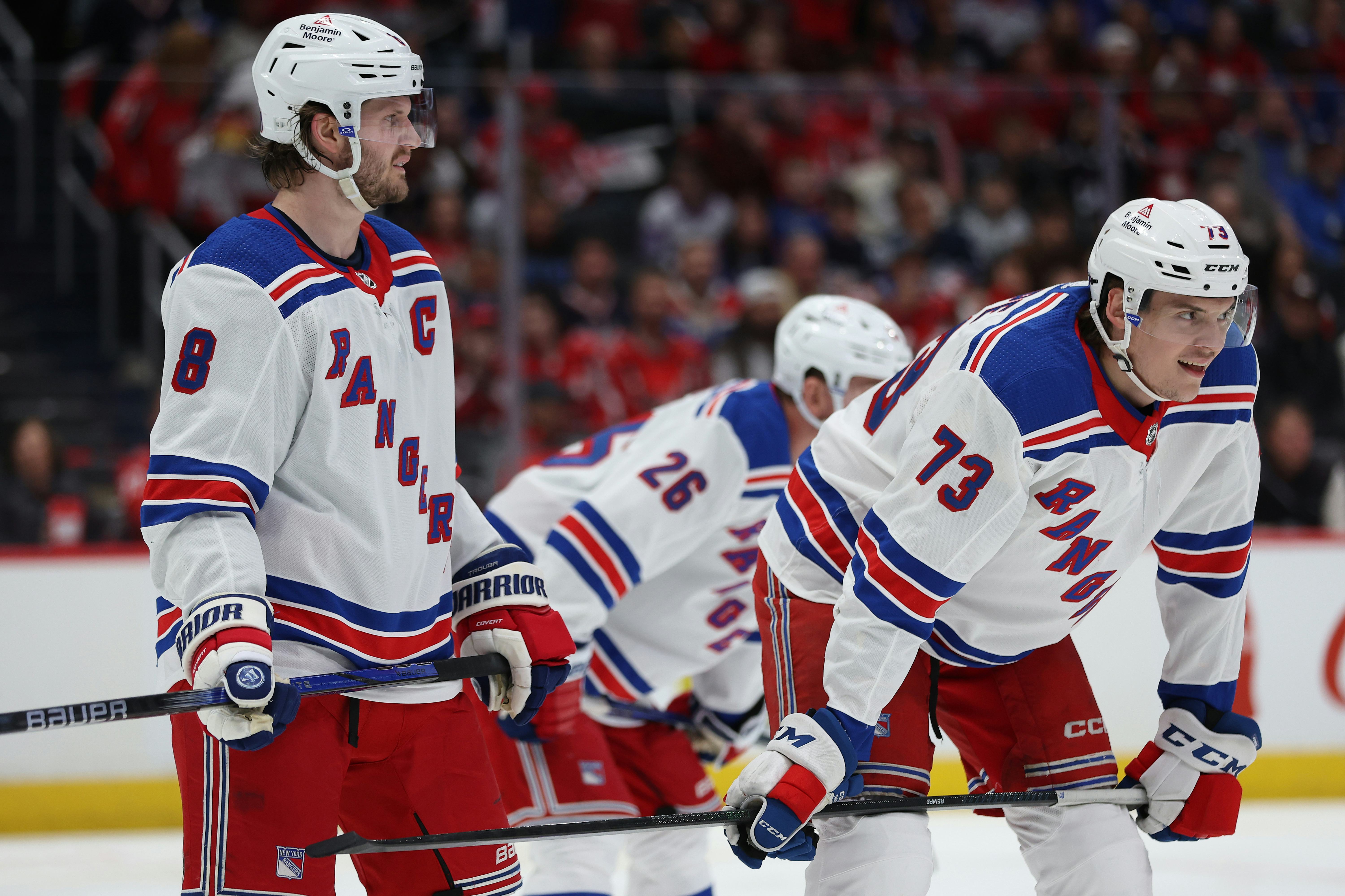 New York Rangers Matt Rempe and Jacob Trouba against the Washington Capitals during Game 3 of the 20&hellip;