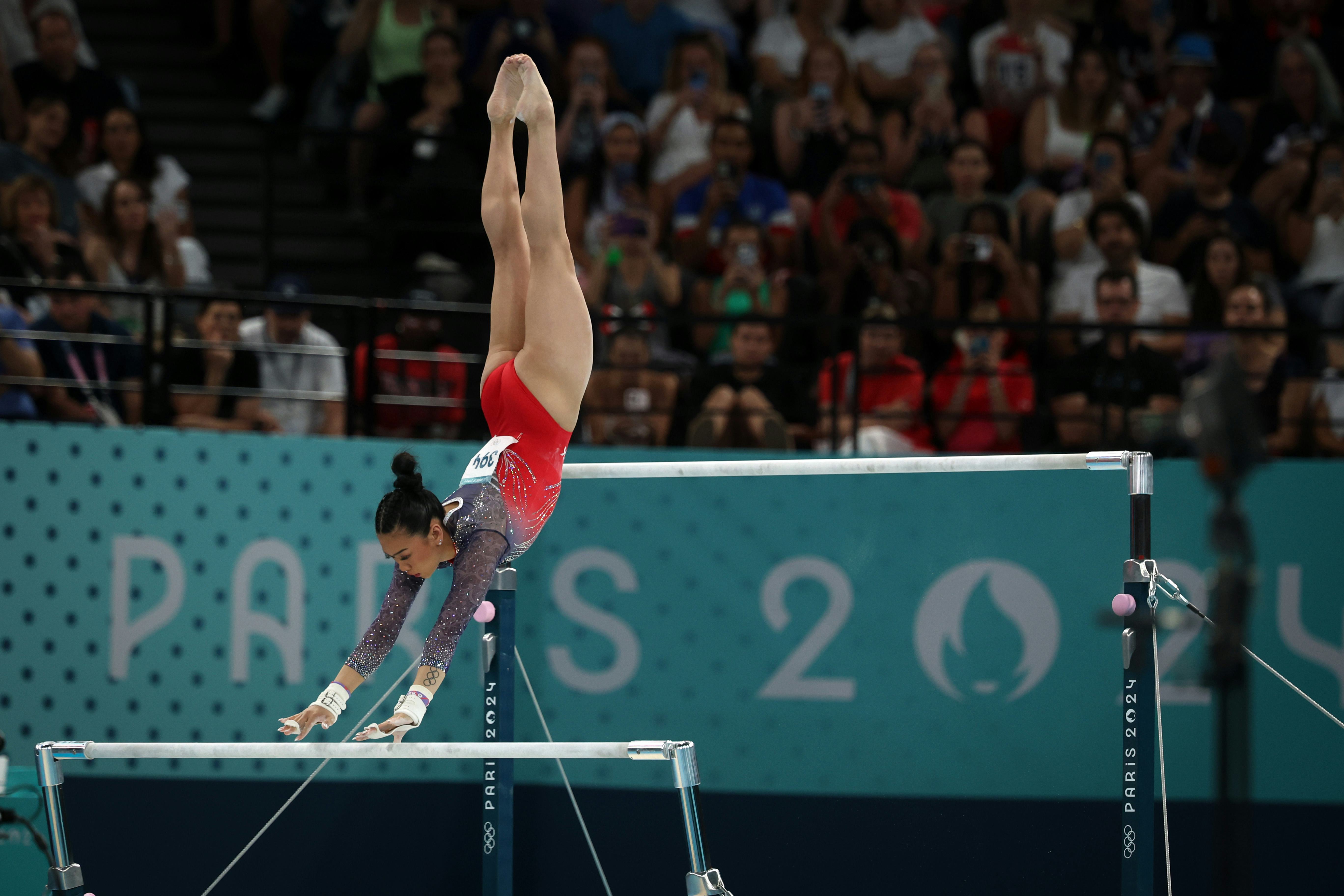 Sunisa Lee of Team USA on the uneven bars during the Olympic Games in Paris.
