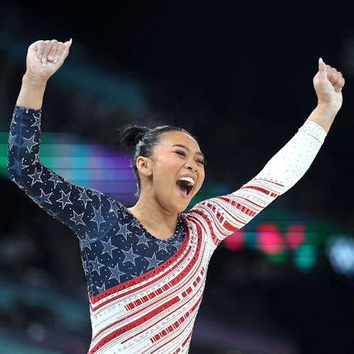 Sunisa Lee of the United States celebrates after the balance beam event of the artistic gymnastics w…