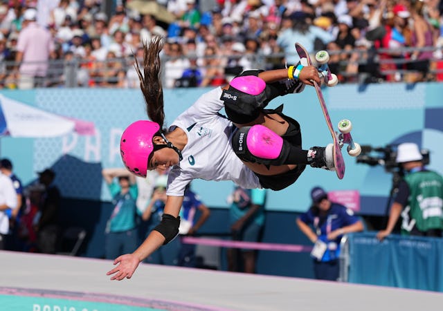 Arisa Trew of Australia competes during the Women's Skateboarding park final at the Paris Olympics. ...