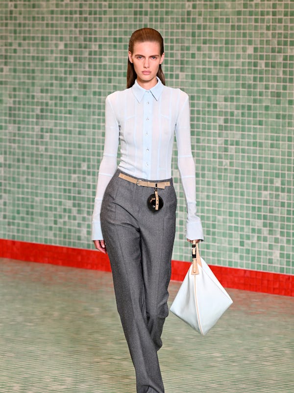 A model walks the runway for Tory Burch Spring/Summer 2025 during New York Fashion Week at Skylight …