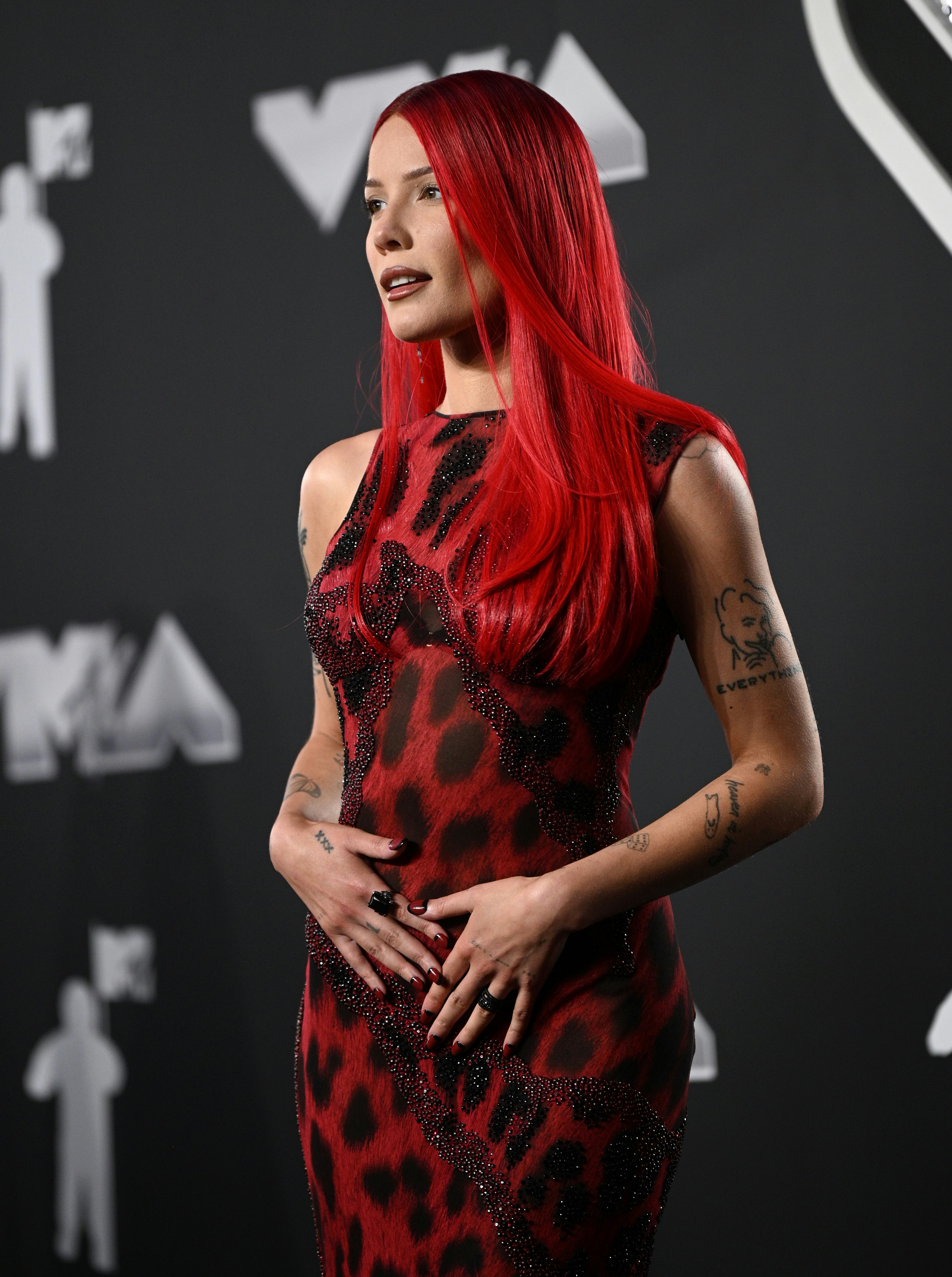 Halsey rocked red and black aura nail art to the 2024 MTV VMAs.