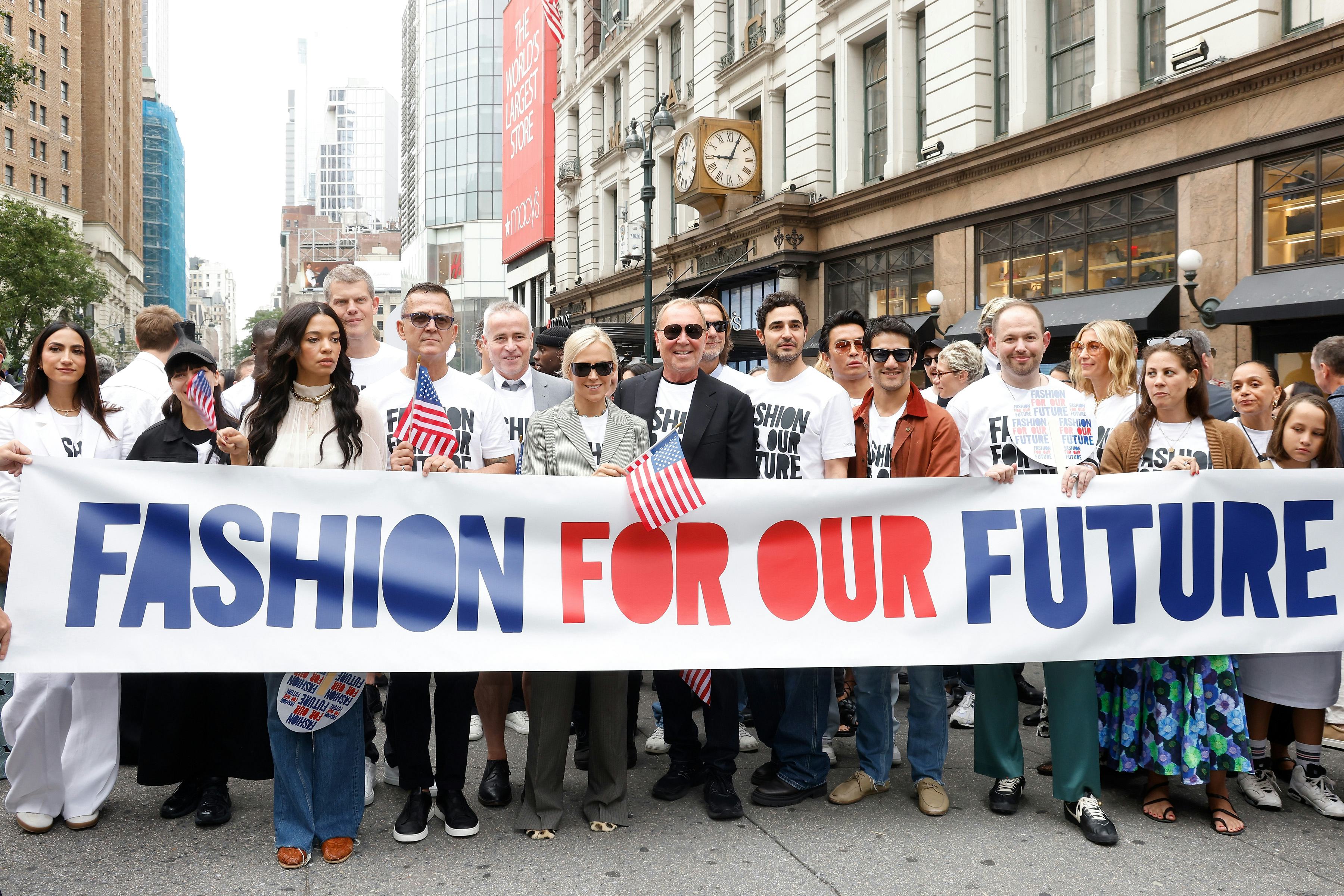 Designers march up Broadway from the Garment District to Bryant Park during the CFDA Fashion For Our&hellip;