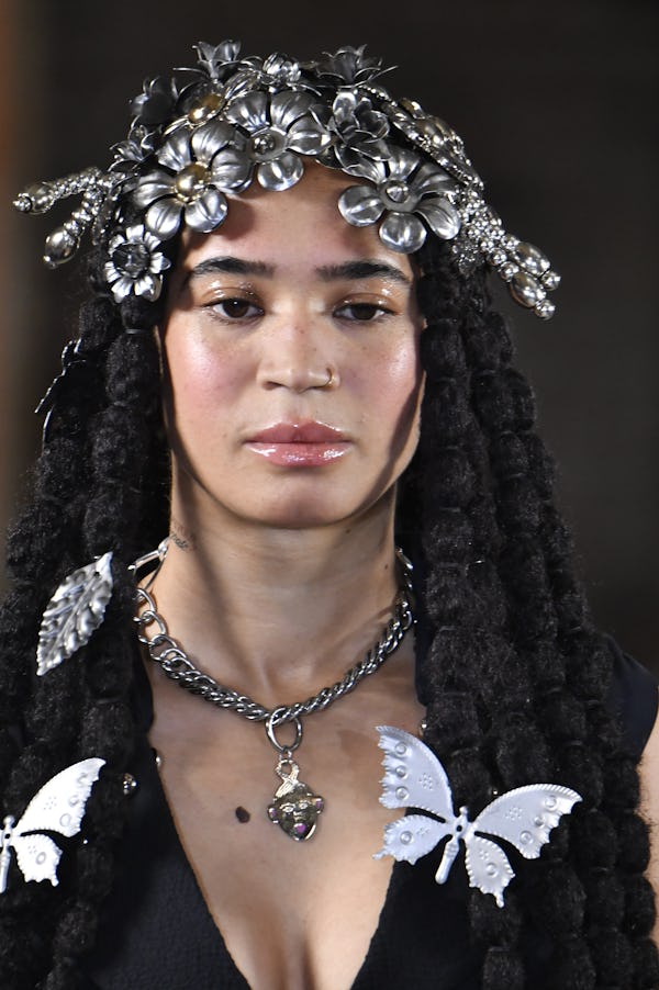 Oversized hair accessories were spotted at Chopova Lowena.