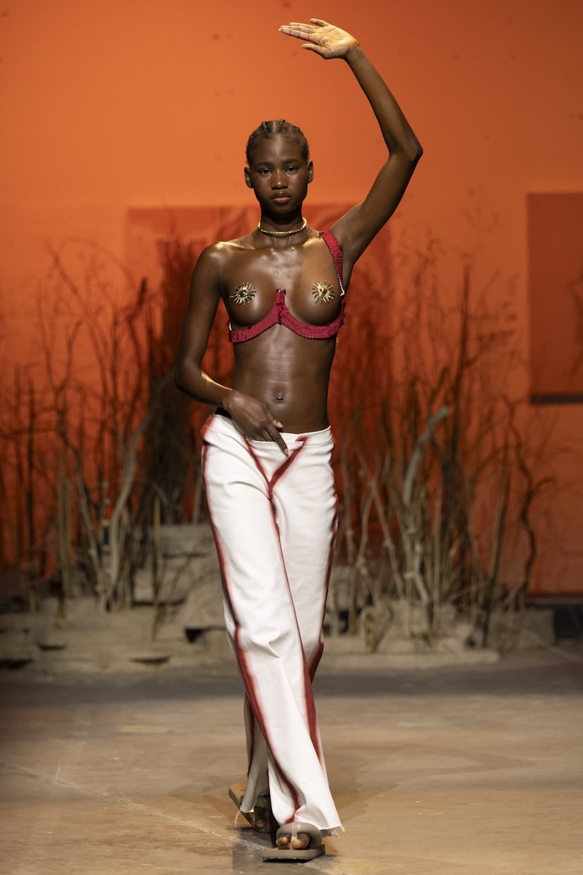 A model walks the runway at the Di Petsa fashion show during London Fashion Week September 2024 at o...