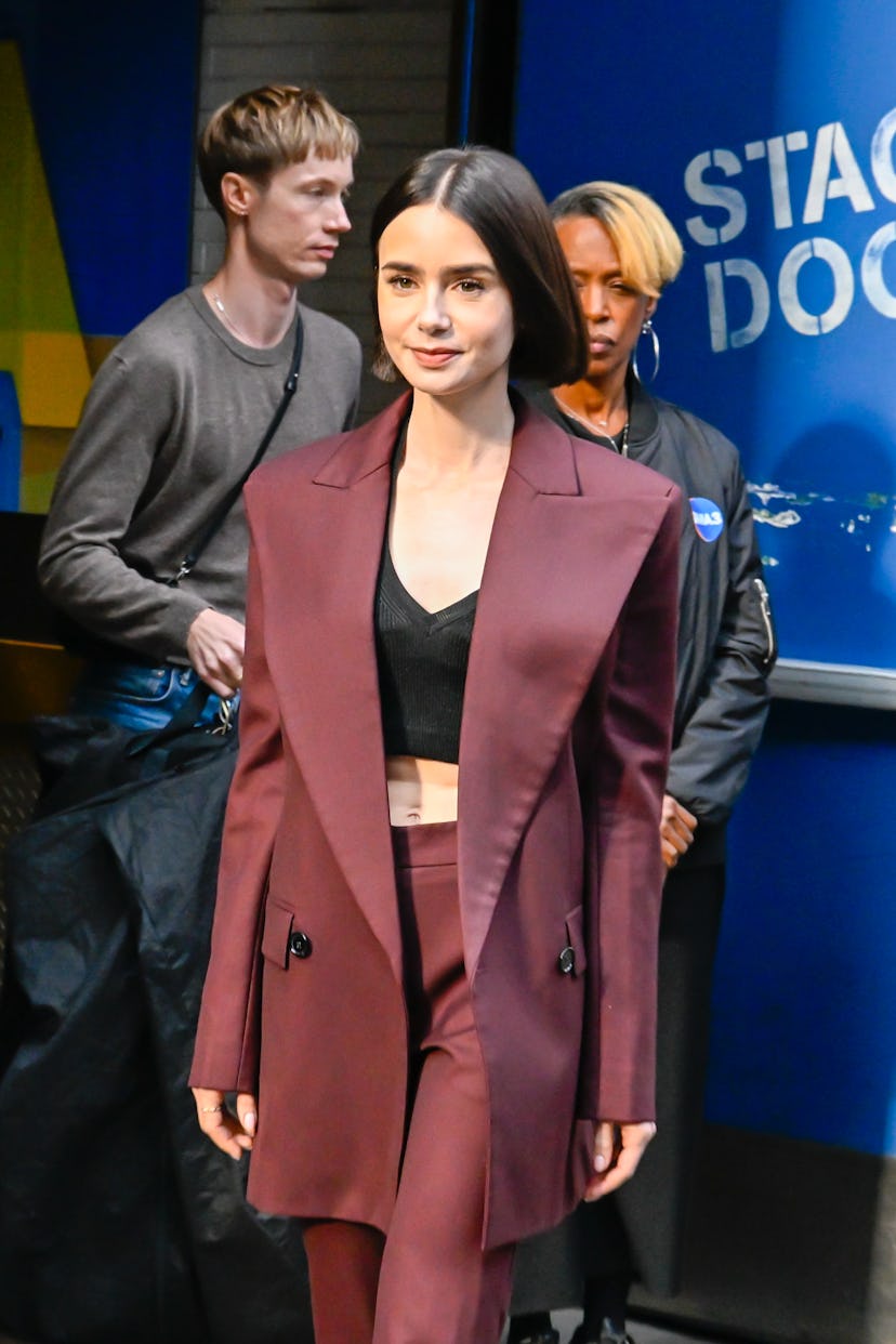 NEW YORK, NEW YORK - SEPTEMBER 16 Lily Collins is seen at "Good Morning America" on September 16, 20...