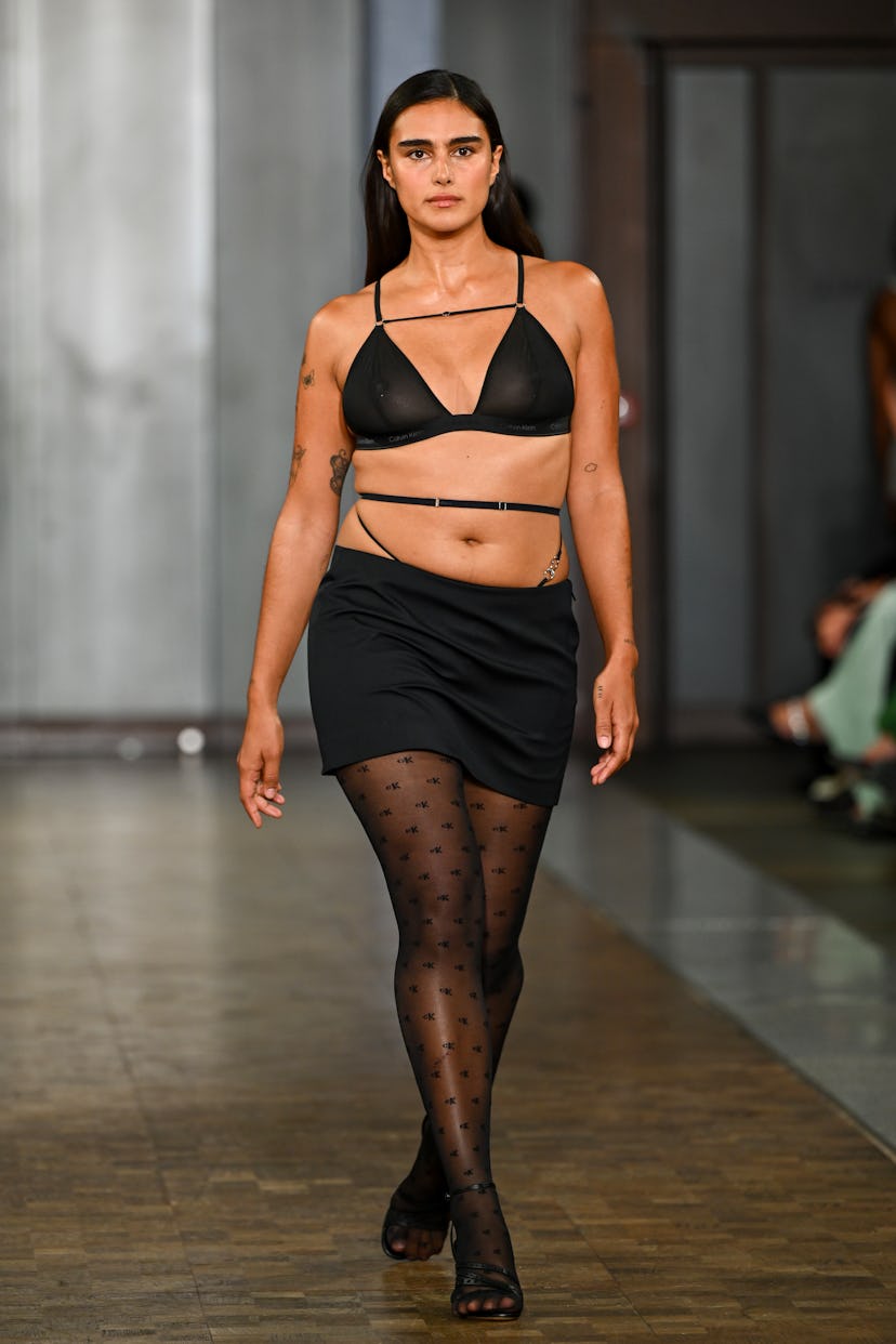 A model walks the runway at the Nensi Dojaka show during London Fashion Week September 2024 at St. P...