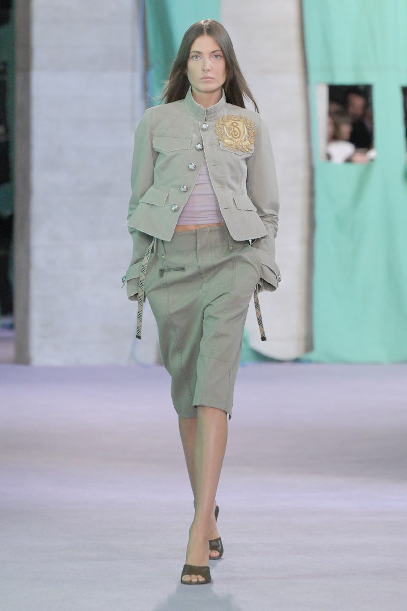 Model on the runway at Burberry RTW Spring 2025 as part of London Ready to Wear held at the National...