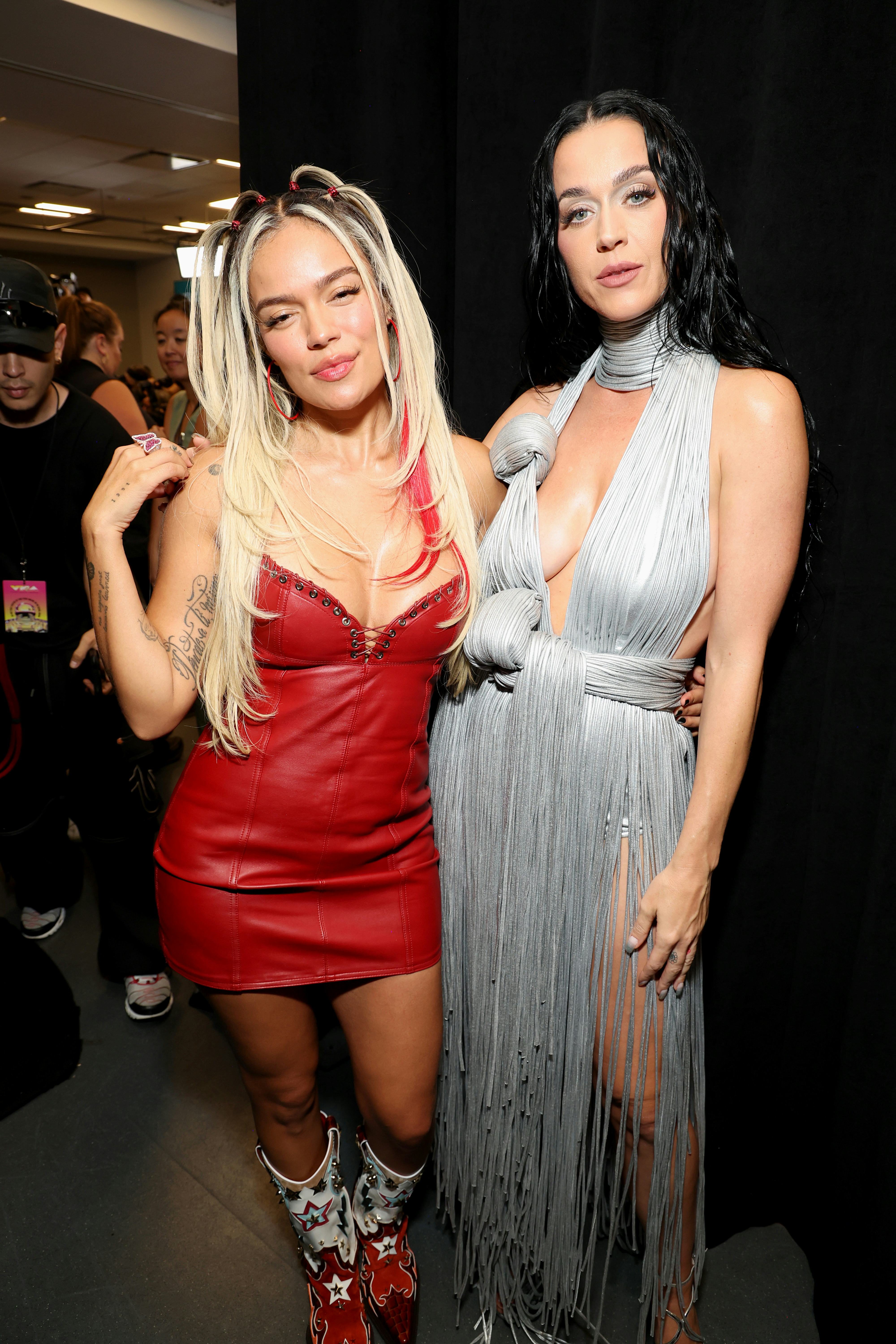 Katy Perry wore a plunging fringe dress to the VMAs.