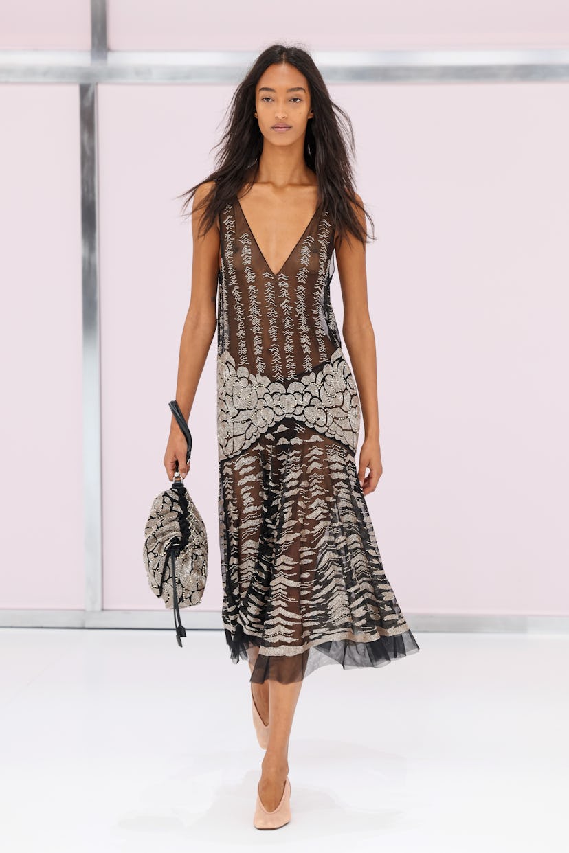 A model walks the runway at the Fendi fashion show during the Milan Womenswear Spring/Summer 2025 on…