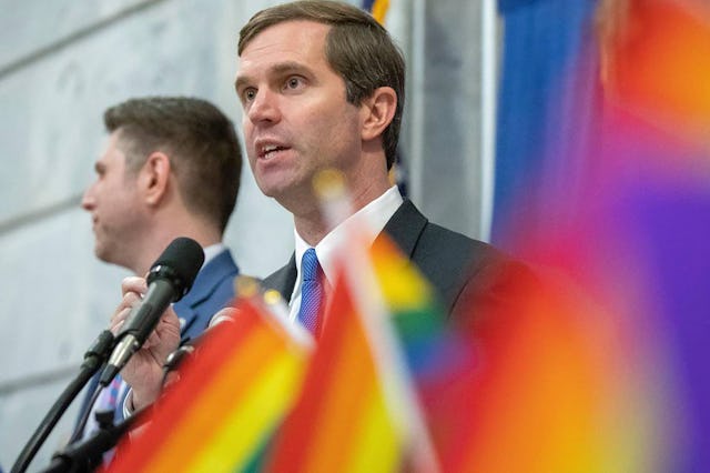 Kentucky Gov. Andy Beshear speaks during a statewide fairness rally at the Kentucky state Capitol on...