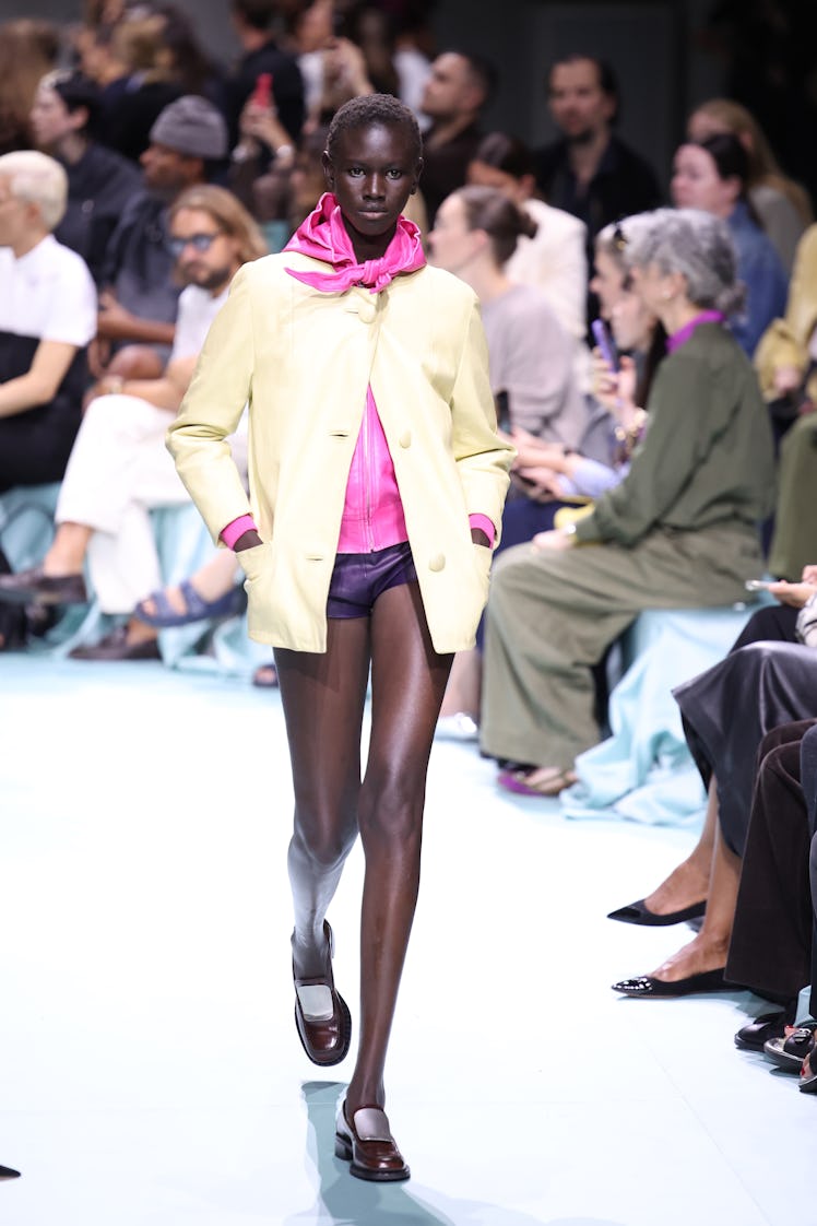 MILAN, ITALY - SEPTEMBER 19: A model walks the runway at the Prada fashion show during the Milan Wom...