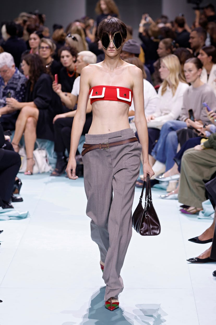 A model walks the runway at the Prada fashion show during the Milan Womenswear Spring/Summer 2025 on...