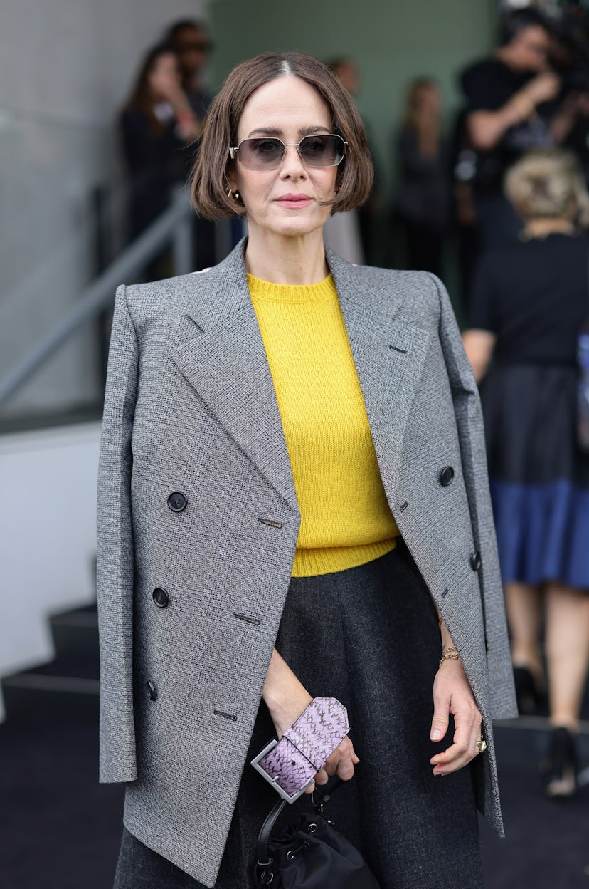 MILAN, ITALY - SEPTEMBER 19: Sarah Paulson arrives at the Prada fashion show during the Milan Womens...