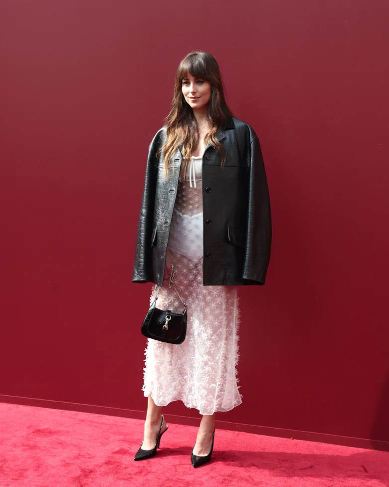 Dakota Johnson Mixes A See-through Bridal White Dress With a Leather Jacket & Knickers Dakota Johnson Mixes A See-through Bridal White Dress With a Leather Jacket & Knickers