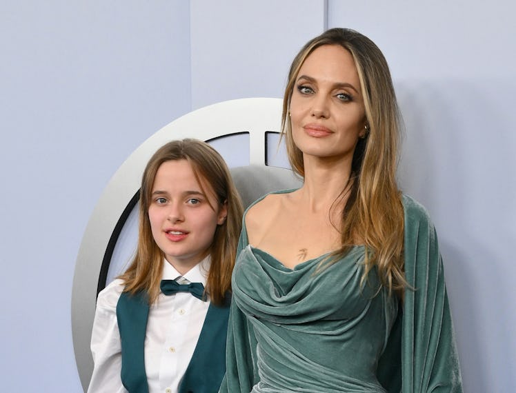 US actress Angelina Jolie and her daughter Vivienne Jolie-Pitt arrive for the 77th Tony Awards at Li...