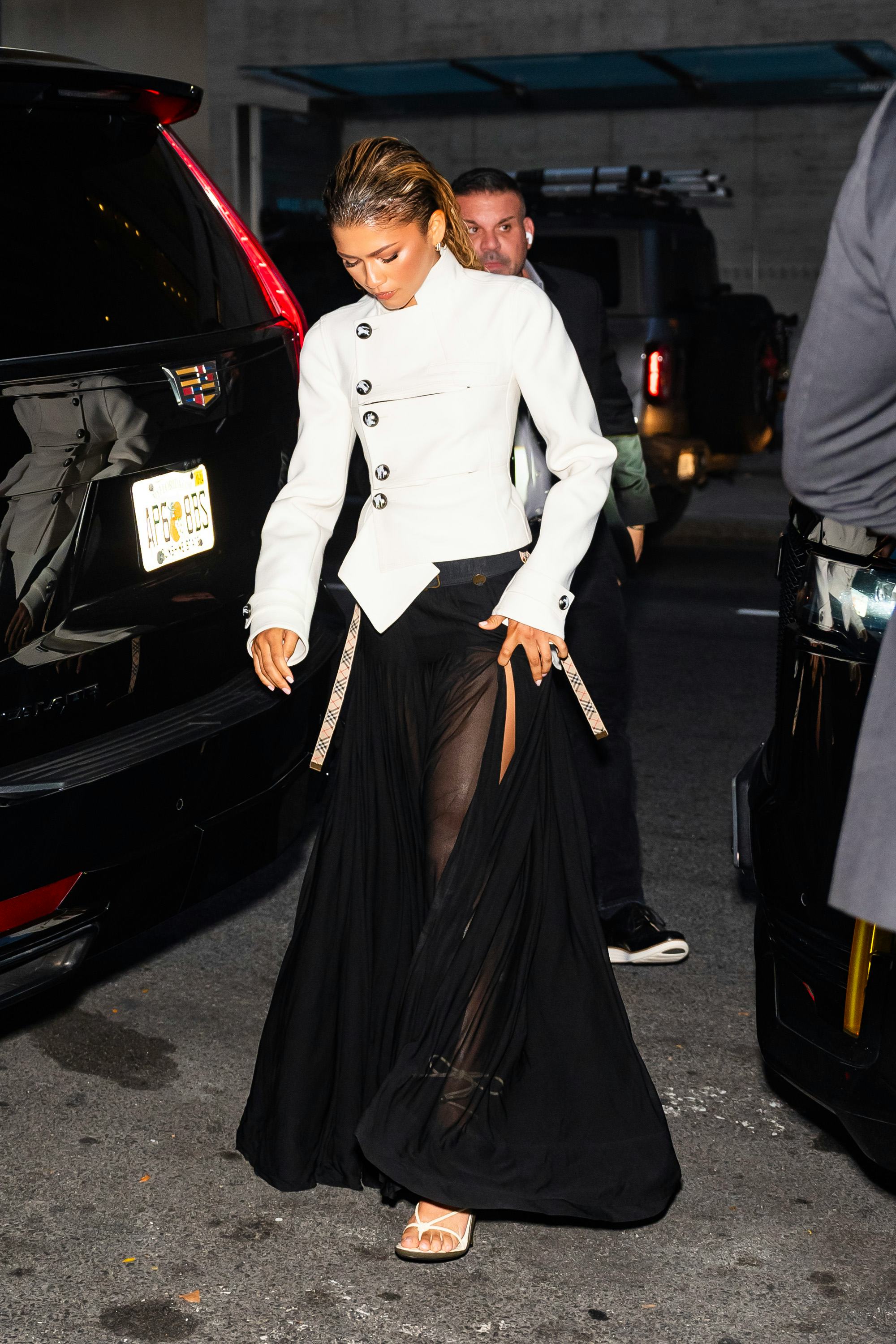 Zendaya wore a sheer skirt with a massive slit in NYC.