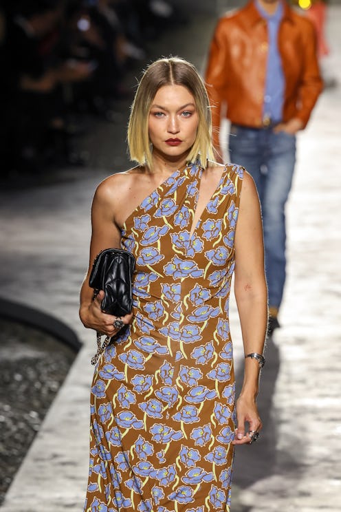 Gigi Hadid walks the runway at the Versace fashion show during the Milan Womenswear Spring/Summer 20...