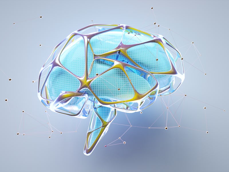 Digital generated image of organic shaped brain with illuminating blue texture on it. Levitating mid...