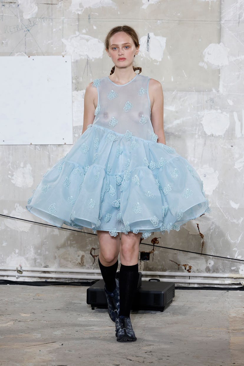 A model walks the runway during the Cecilie Bahnsen Womenswear Spring-Summer 2025 show as part of Pa...