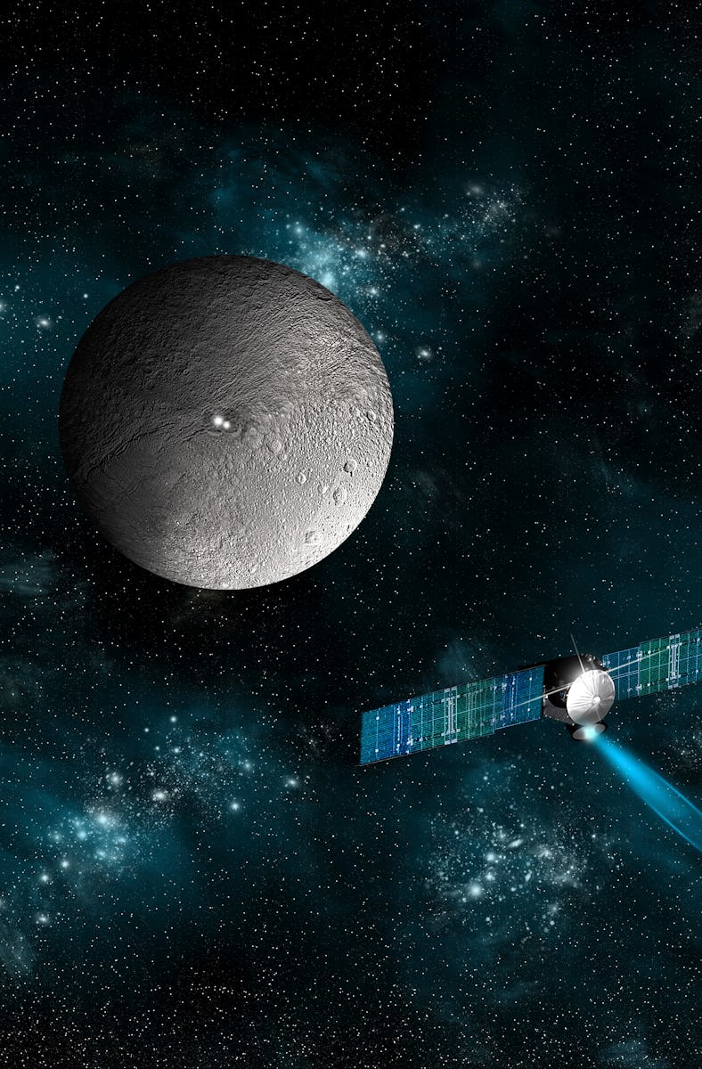 A spacecraft with solar panels emits blue propulsion flames while approaching a large, gray celestia...