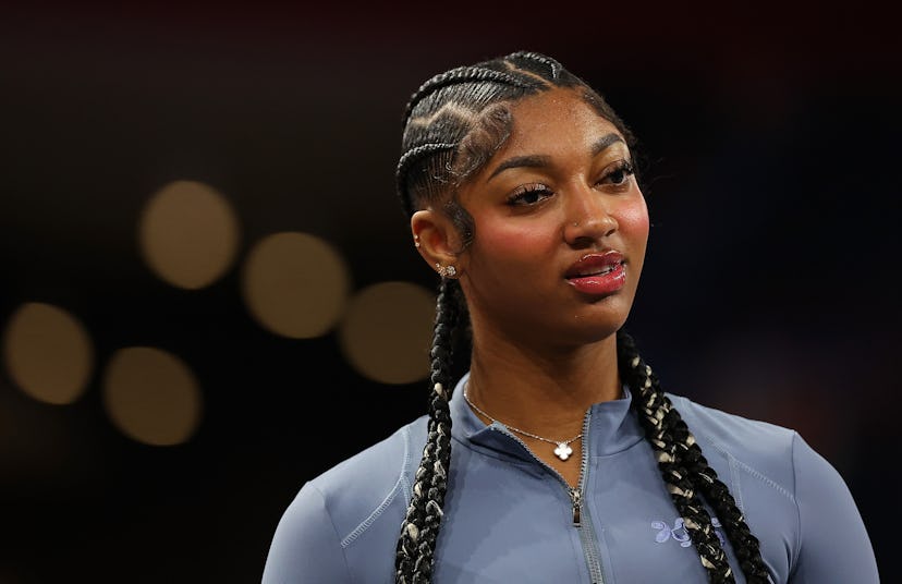 COLLEGE PARK, GEORGIA - SEPTEMBER 17: Angel Reese #5 of the Chicago Sky wore an exposed bra over he...