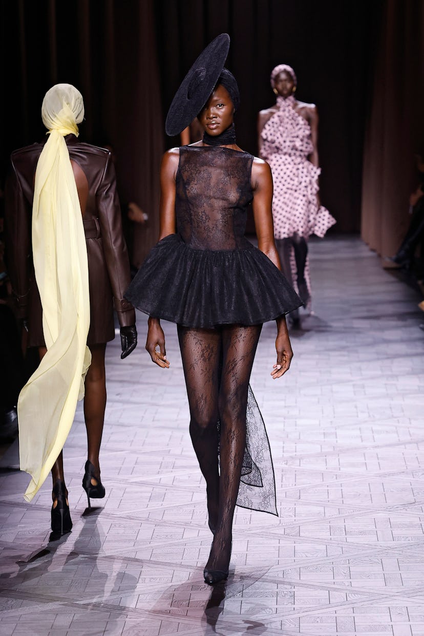 A model walks the runway during the Nina Ricci Paris Womenswear Spring-Summer 2025 show as part of P...