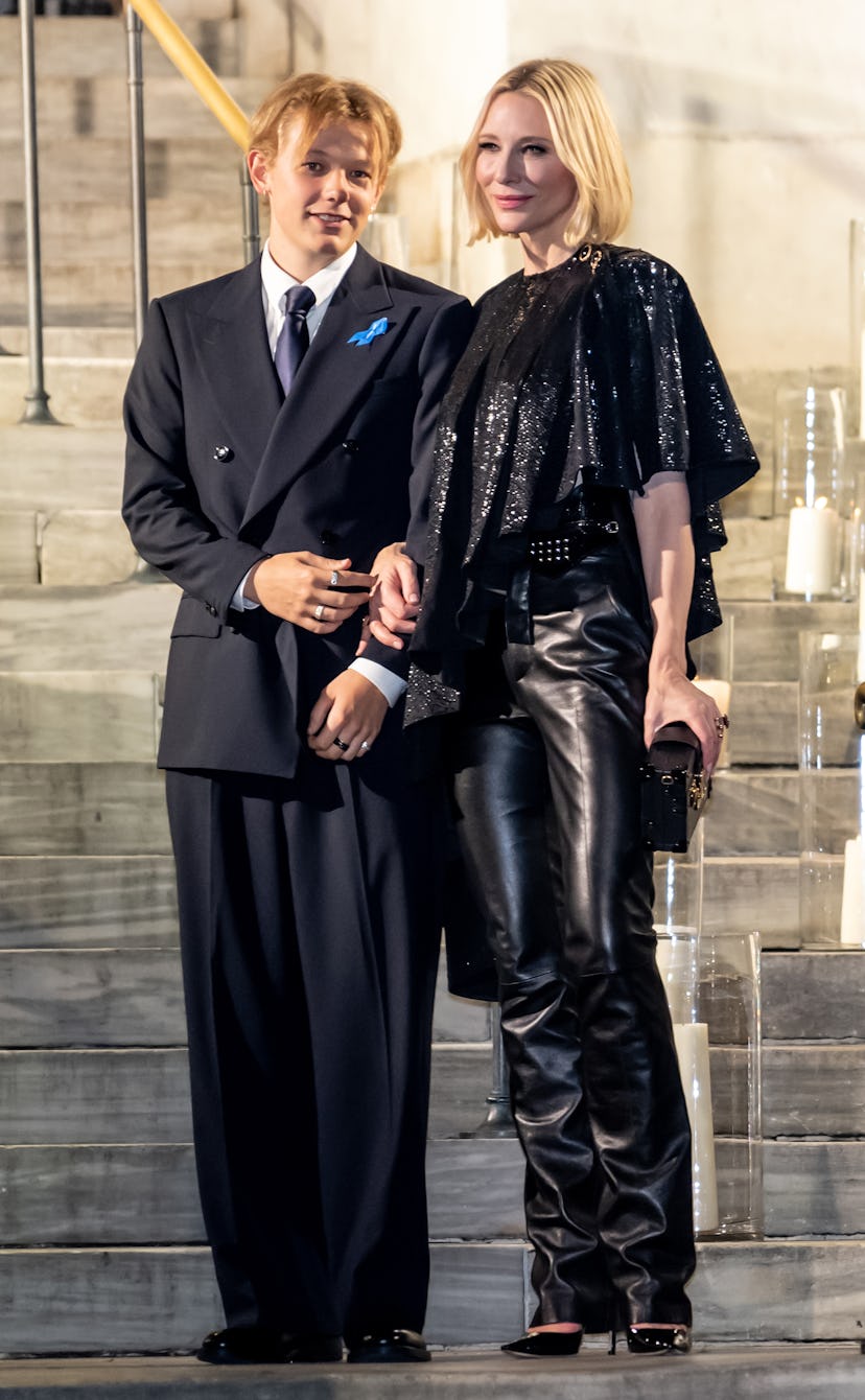 Roman Upton and actress Cate Blanchett are seen arriving to the Clooney Foundation for Justice's The...