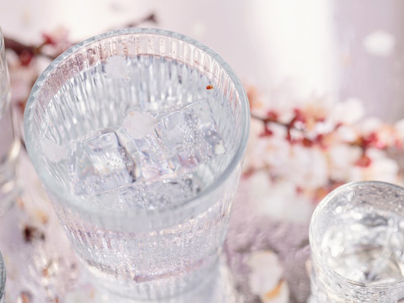 Experience the clarity and purity of ice water in multiple glasses set against a backdrop of bloomin...