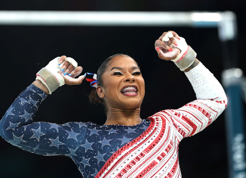 Jordan Chiles of the United States celebrates after the uneven bars event of the artistic gymnastics…