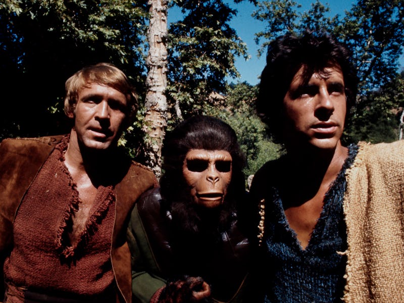 Ron Harper, Roddy McDowall (1928-1998) and James Naughton on the set of the US television series, 'P...