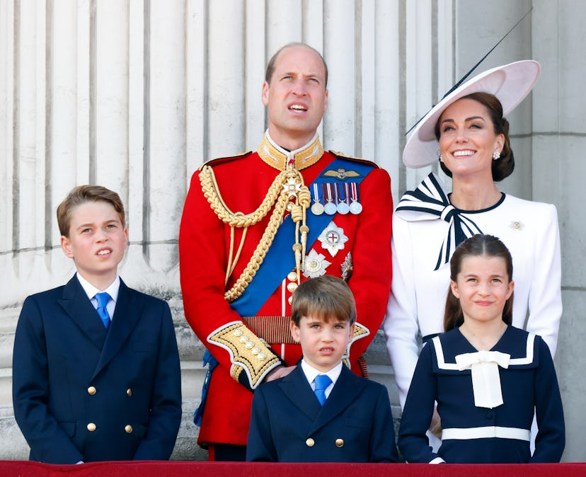 Prince George of Wales, Prince William, Prince Louis of Wales, Princess Charlotte of Wales, and Cath…