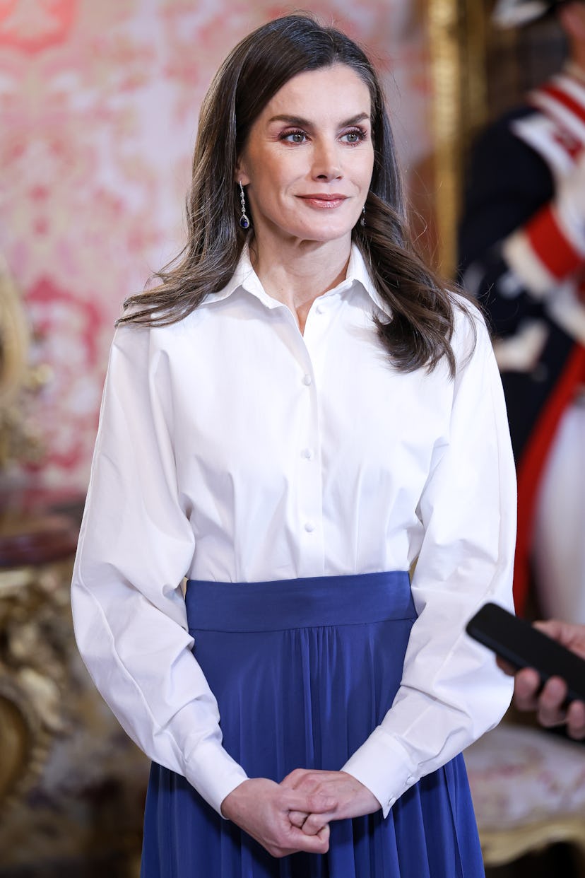 Queen Letizia of Spain receives the diplomatic corps at The Royal Palace on January 09, 2025 in Madr...