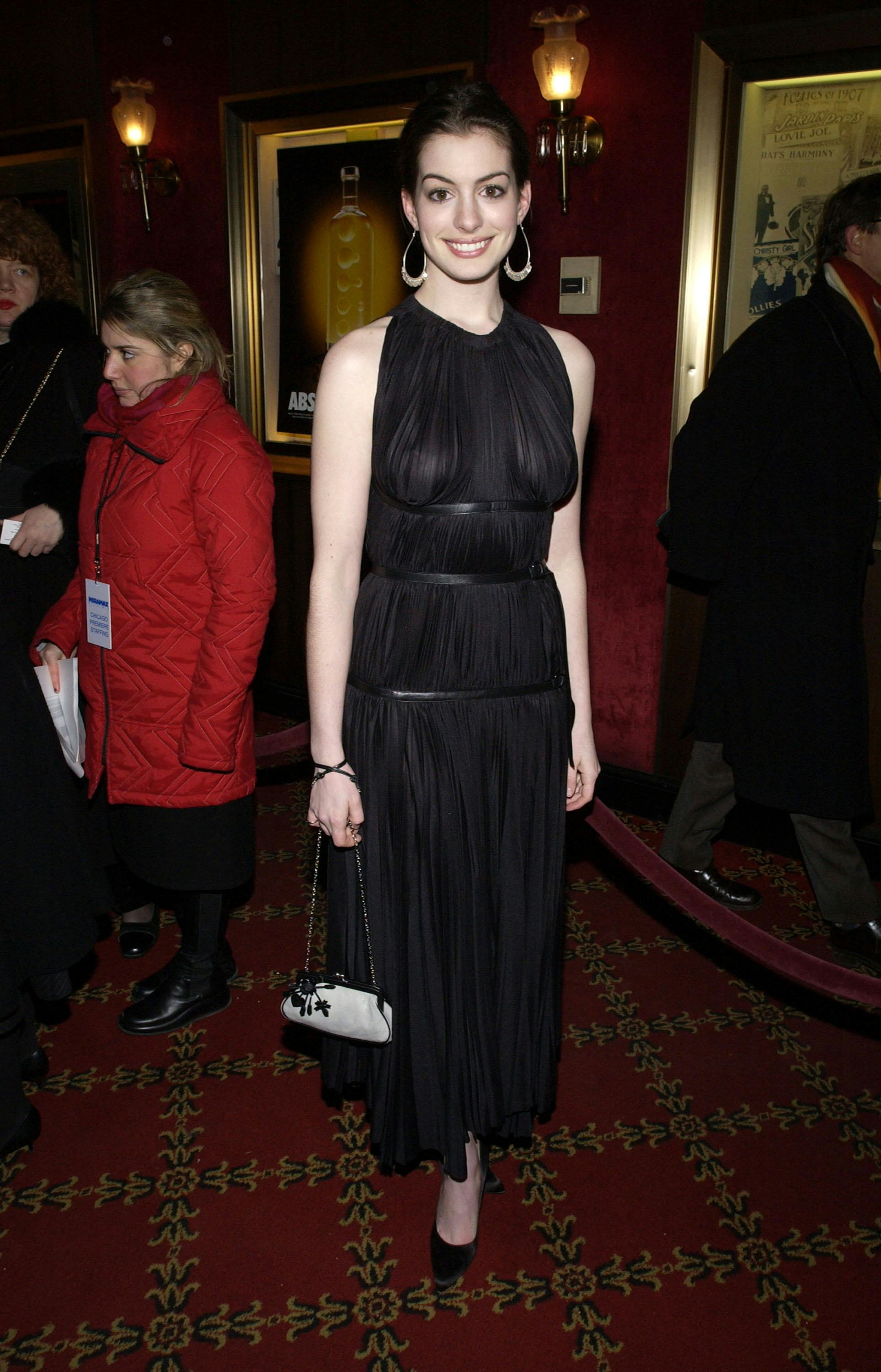 Anne Hathaway wears a sheer LBD at the Chicago screening in 2002.