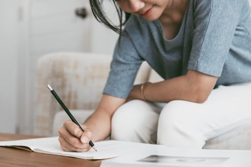 Homework, happy, education, living room, writing.