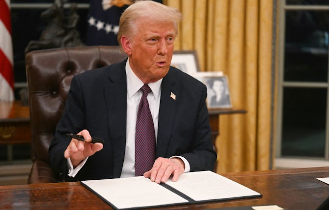 US President Donald Trump signs an executive order on the US withdrawal from WHO (World Health Organ...