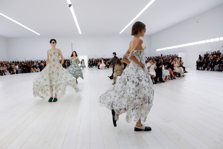 PARIS, FRANCE - SEPTEMBER 2024
(L-R)  A model is seen on the catwalk at the Loewe show during the Sp...