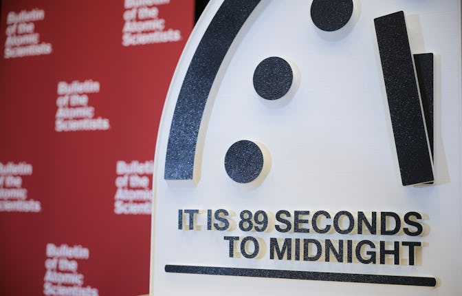 WASHINGTON, DC - JANUARY 28: The 2025 Doomsday Clock time is displayed after the time reveal held by...