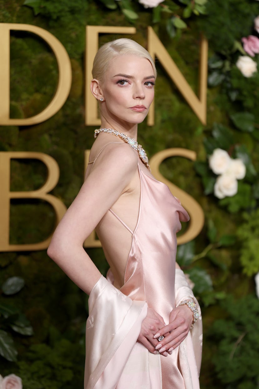 Anya Taylor-Joy wore sheer pink nails to the 2025 Golden Globes.