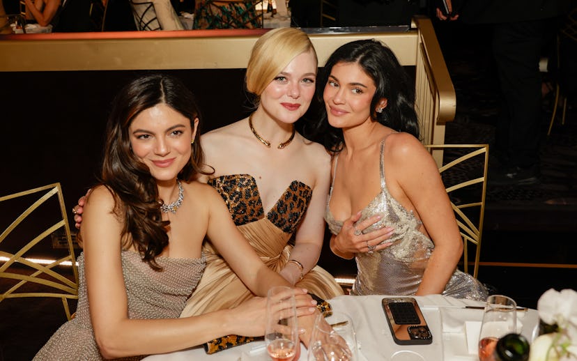 BEVERLY HILLS, CALIFORNIA - JANUARY 05: (L-R) Barbaro, Elle Fanning, and Kylie Jenner attend the 82...