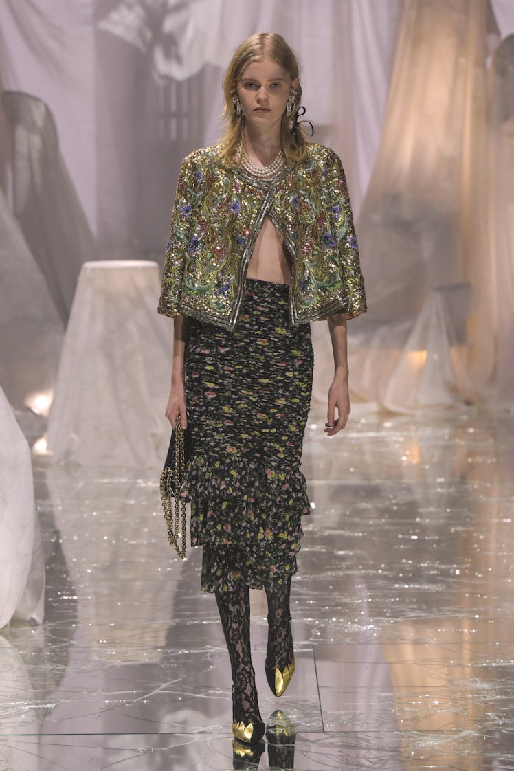 Model on the runway at Valentino RTW Spring 2025 as part of Paris Ready to Wear Fashion Week on Sept...