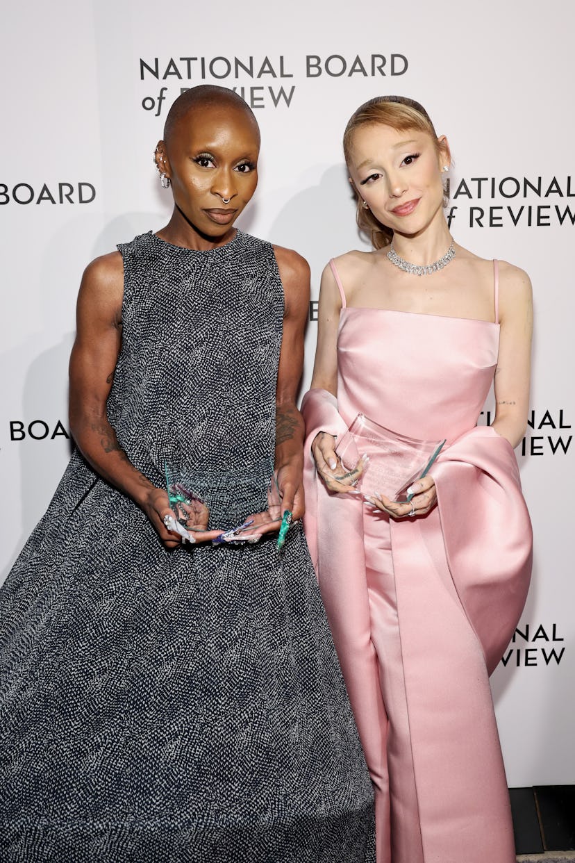 NEW YORK, NEW YORK - JANUARY 07: (L-R) Cynthia Erivo and Ariana Grande pose with the NBR Spotlight A...
