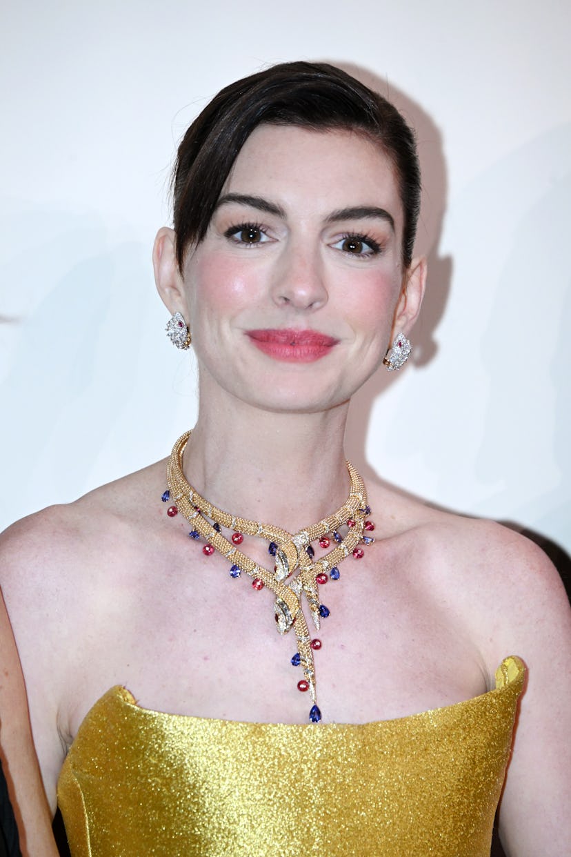 Anne Hathaway attends the opening ceremony of Bvlgari Infinity Serpents Exhibition on January 8, 202…