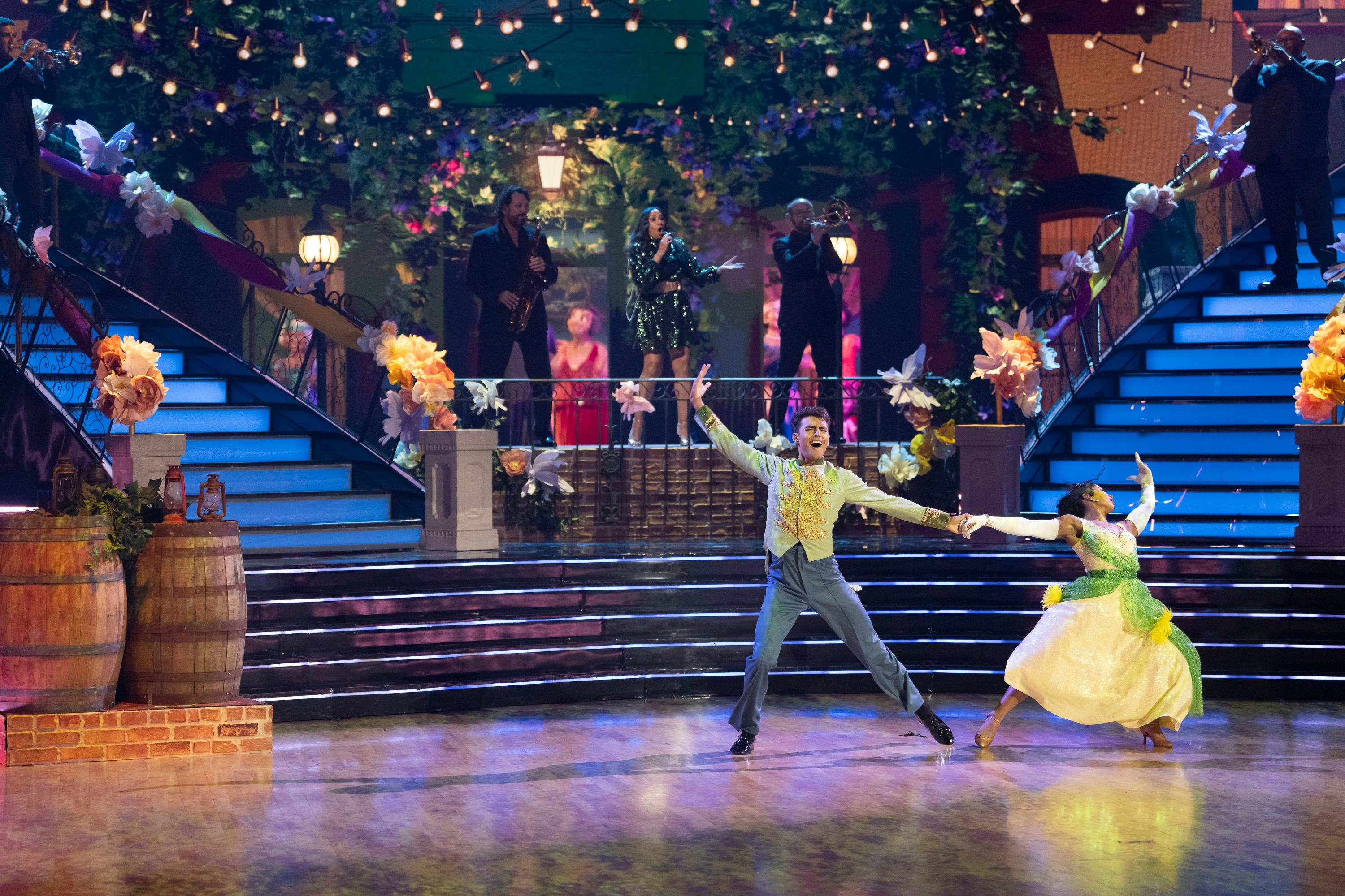 DANCING WITH THE STARS - "Disney Night" - It's the most enchanting night of the season as "Dancing with the Stars" celebrates the spirit of Disney, in honor of the Disneyland Resort 70th Celebration. The 11 remaining couples take the ballroom on a wondrous journey, dancing to songs inspired by beloved Disney films and attractions. TUESDAY, OCT. 7 (8:00-10:00 p.m. EDT) on ABC. (Disney/Eric McCandless)  EZRA SOSA, JORDAN CHILES  (Photo by Eric McCandless/Disney via Getty Images)