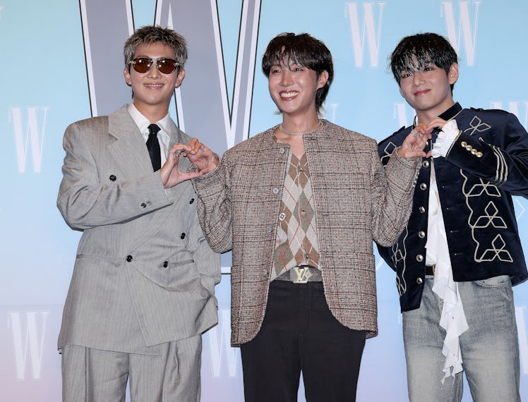RM, J-Hope and Kim Tae-Hyung aka V of boy band BTS are seen at the 20th W Magazine Korea Breast Canc...