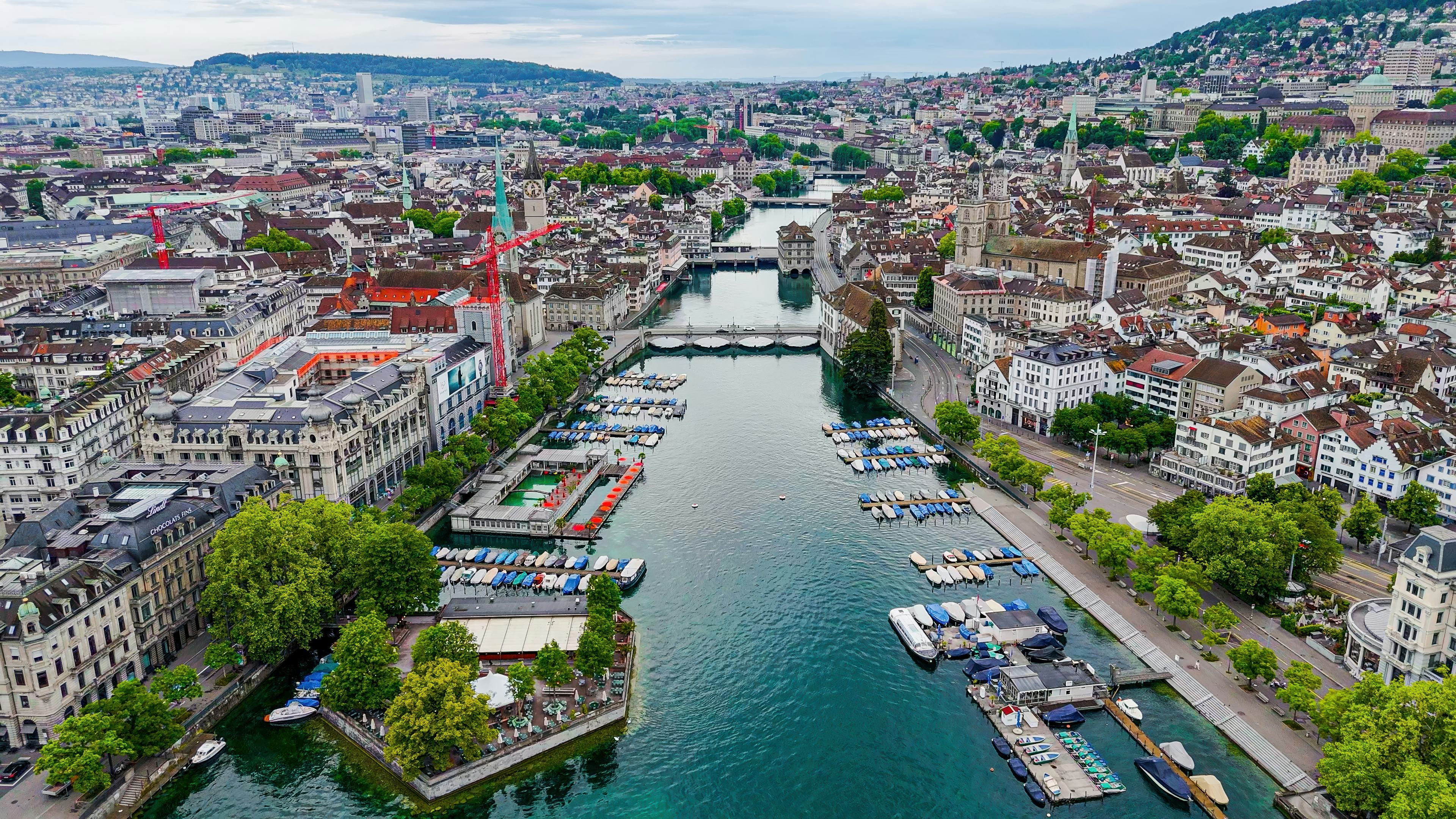 An aerial image that showcases the historic and architectural heart of Zurich, Switzerland.