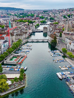 An aerial image that showcases the historic and architectural heart of Zurich, Switzerland.